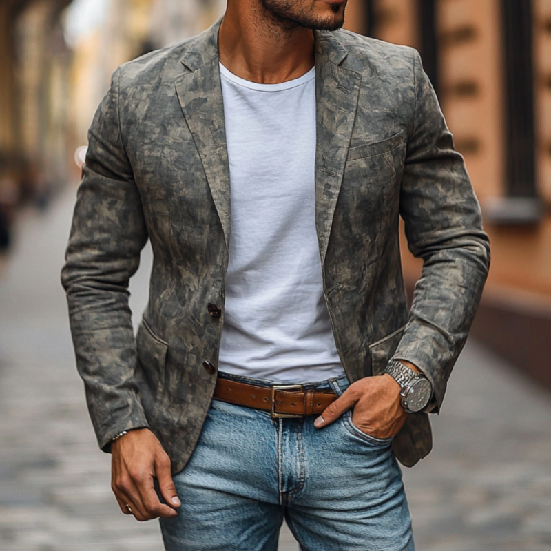 Men's Casual Outdoor Camouflage Print Notched Lapel Single-breasted Slim Fit Blazer DTT25060314