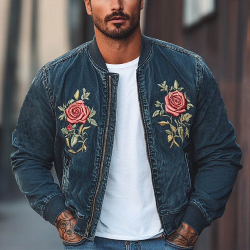 Men's Classic Casual Embroidered Denim Bomber Jacket 9892391846072