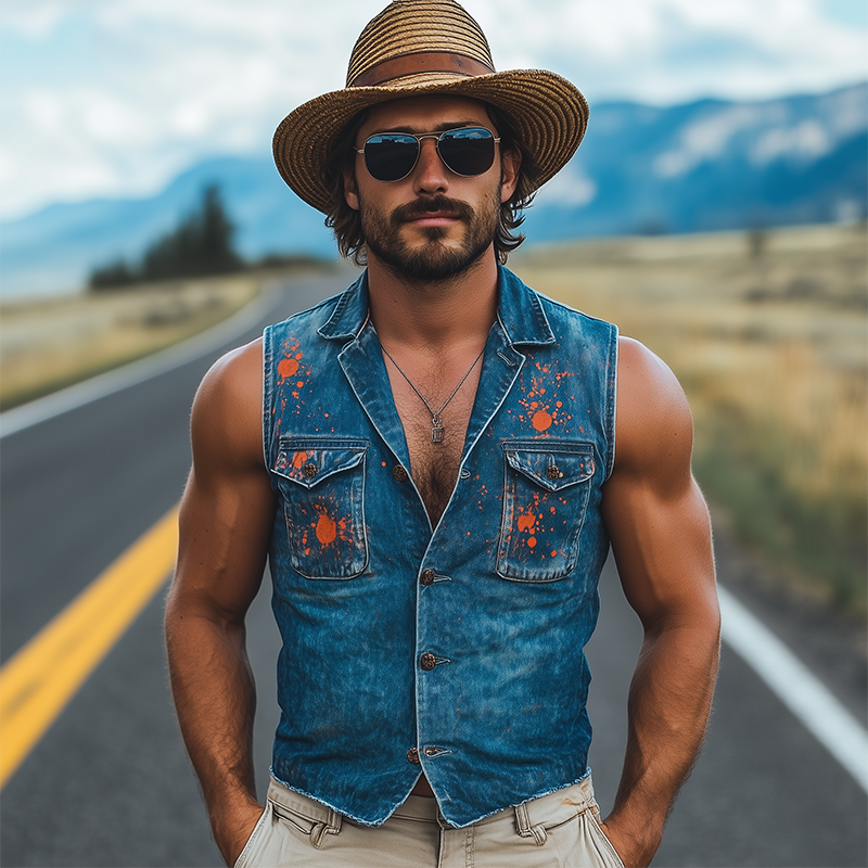 Men's Fashion Casual Washed Denim Personalized Ink Splash V-Neck Slim Vest DTT25062611