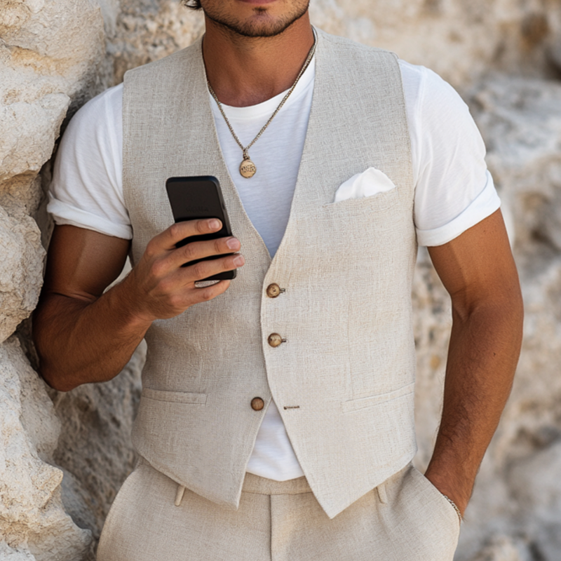 Men's Casual Breathable Linen V-neck Single-breasted Slim-fit Suit Vest DTT25072810