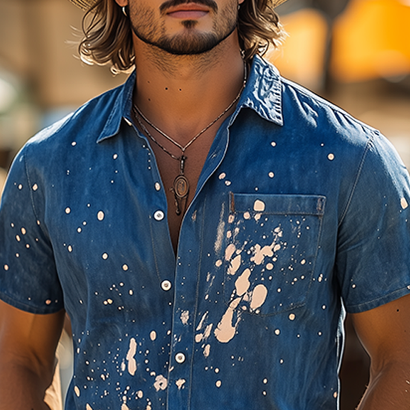 Men's Spring And Summer Fashion Casual Washed Denim Personality Ink-splashed Short-sleeved Shirt DTT25062609