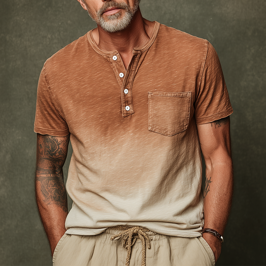 Men's Summer Fashion Distressed Printed Polyester Blended Short Sleeve Henley Shirt DTT25062014