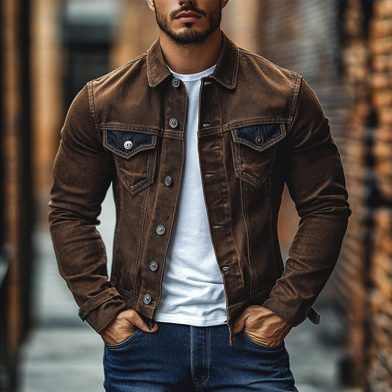 Men's Solid Color Vintage Washed Patchwork Denim Jacket 9909011480760