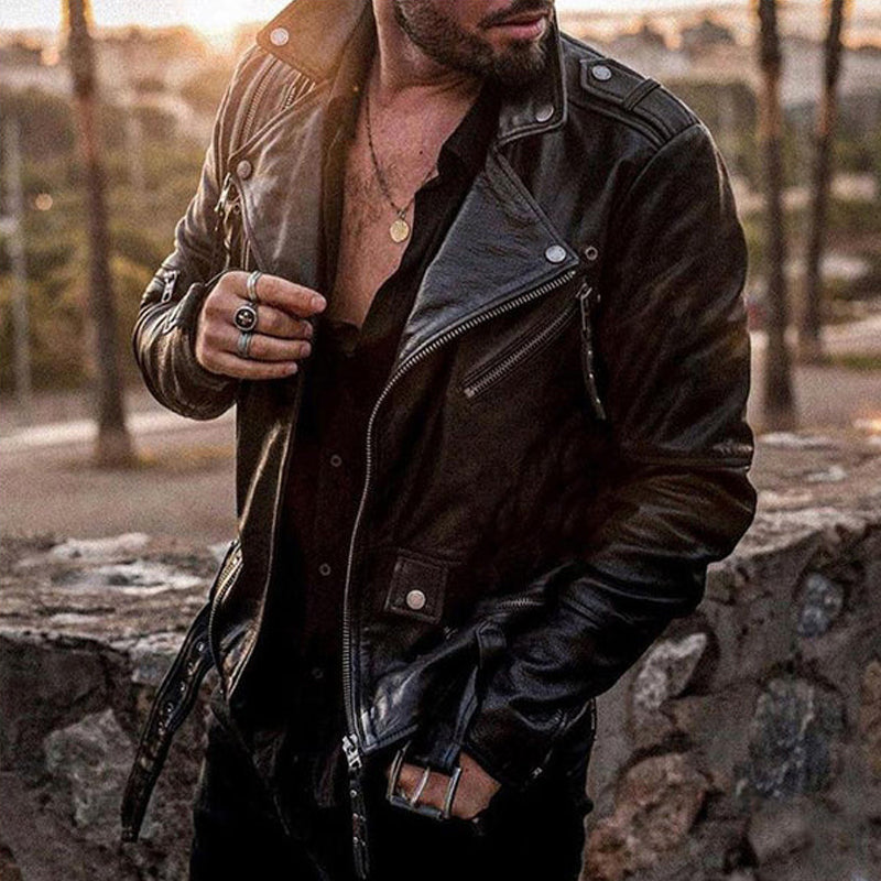Men's Fashion Slim Lapel Motorcycle Leather Jacket 9261085360312