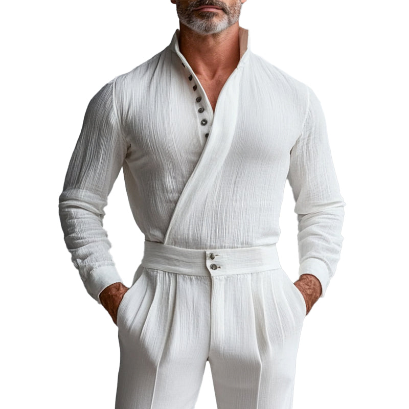 Men's Stand Collar Half Button Wrap Long Sleeve Shirt 9913234129080