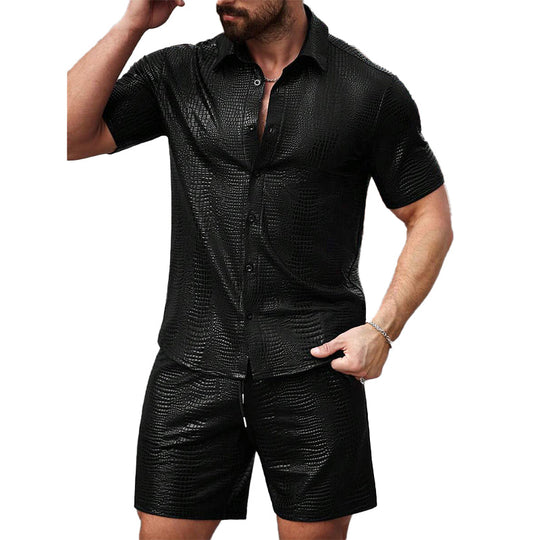 Men's Textured Leather Short-sleeved Shorts Two-piece Set 9918989729976