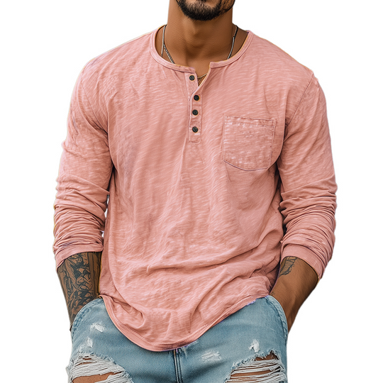 Men's Spring And Summer Casual Tough Style Henry Collar Bamboo Cotton Long Sleeve T-Shirt DTT25082007