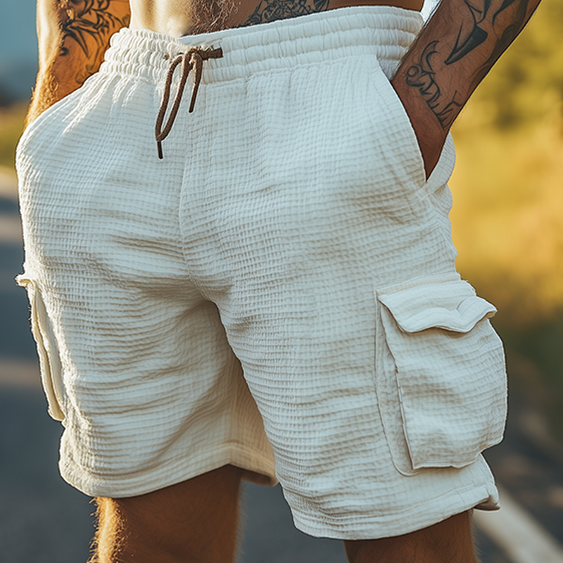 Men's Classic Casual Tough Style Waffle Elastic Waist Multi-pocket Cargo Shorts DTT25060317