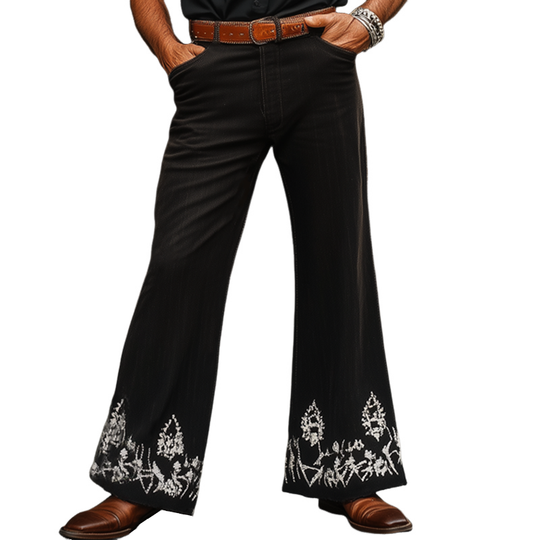 Men's Western Cowboy Style Vintage Silver Embroidered Flared Pants DTT25061610