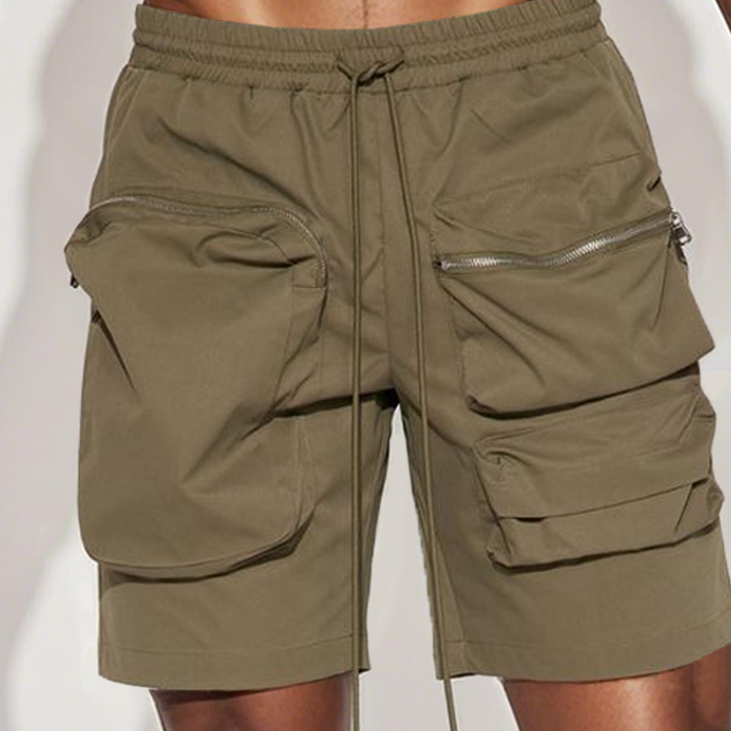 Men's Fashion Solid Color Elastic Waist Zipper Pocket Cargo Shorts DDT25052804