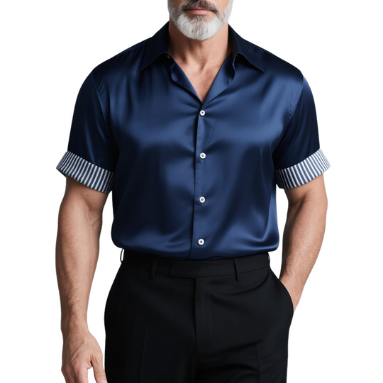 Men's Striped Rolled Short Sleeve Lapel Satin Shirt DTT25072912