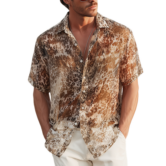 Men's Summer Fashion Casual Chiffon Slightly Transparent Sexy Leopard Print Short-sleeved Shirt DTT25070904