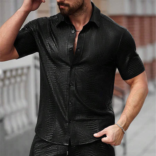 Men's Textured Leather Short-sleeved Shorts Two-piece Set 9918989729976