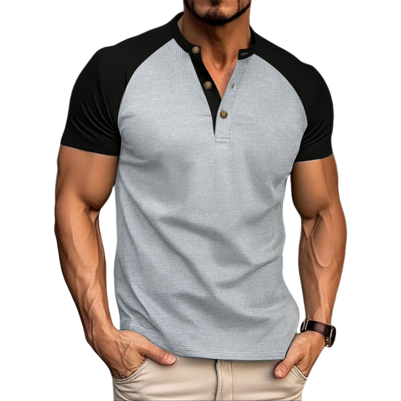 Men's Casual Colorblock Waffle Henley Collar Raglan Short Sleeves T-shirt 9892391649464