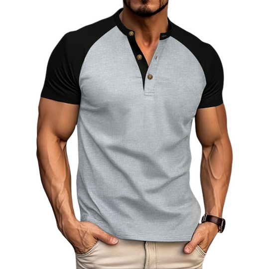 Men's Casual Colorblock Waffle Henley Collar Raglan Short Sleeves T-shirt 9892391649464
