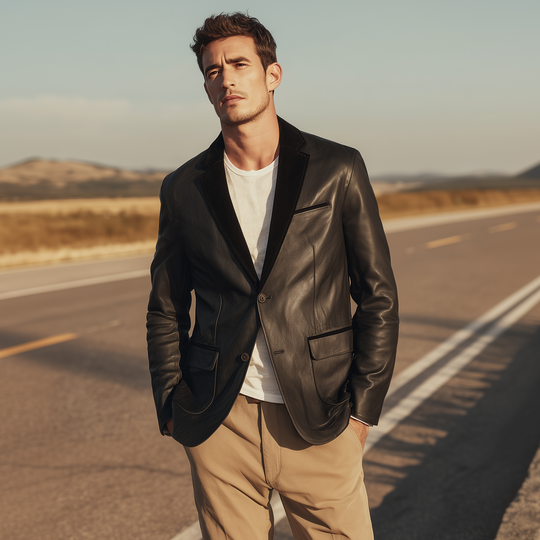 Men's Classic Retro PU Leather And Suede Single-breasted Slim-fit Blazer DTT25080720