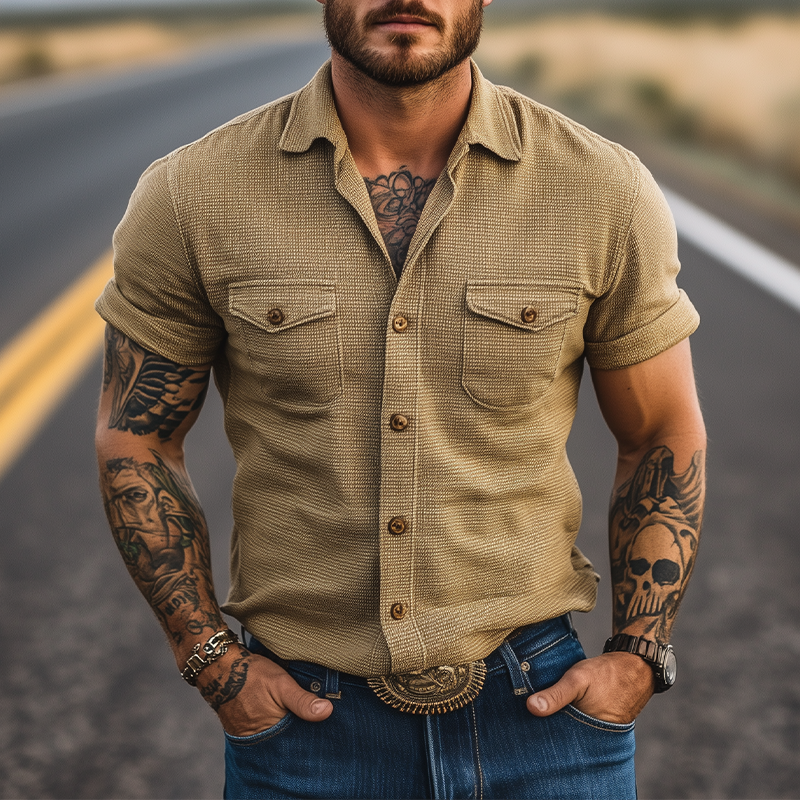 Men's Classic Retro Casual American Western Tough Guy Style Waffle Short Sleeve Shirt DDT25052819