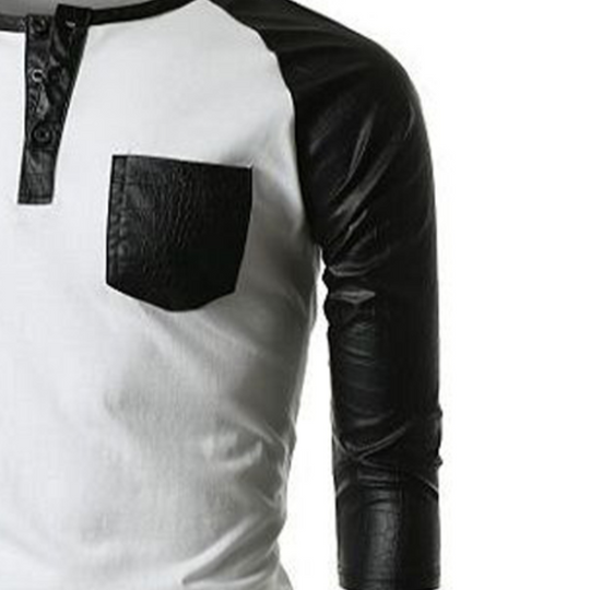 Men's Classic Casual V-Neck Pocket Stitching Leather Long Sleeve T-Shirt 9890061615288