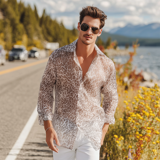 Men's Summer Fashion Casual Chiffon Slightly Transparent Sexy Leopard Print Long Sleeve Shirt DTT25070903