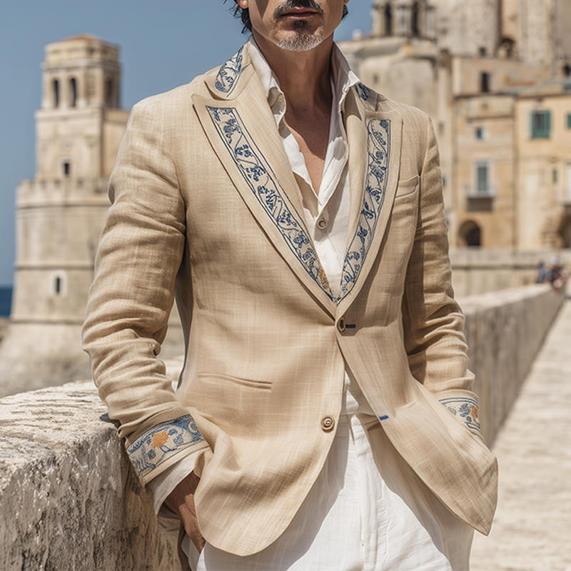 Men's Classic Vintage Collar And Cuff Embroidery Cotton And Linen Single-breasted Blazer DTT25071807