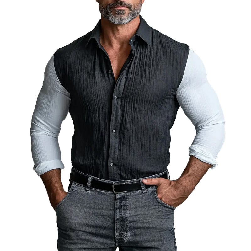 Men's Turndown Collar Contrast Color Fold Long Sleeve Shirt 9899608670392