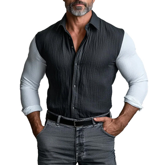 Men's Turndown Collar Contrast Color Fold Long Sleeve Shirt 9899608670392