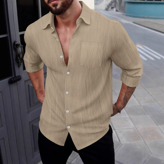 Men's Cotton Blended Solid Color Casual Long Sleeve Shirt DTT25072411