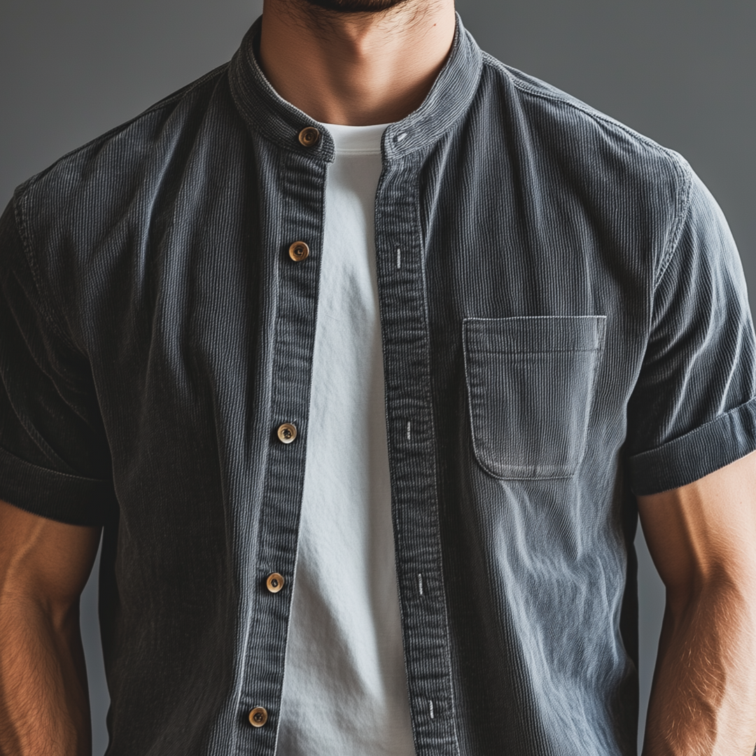 Men's Classic Casual Thin Corduroy Cuffs Roll-up Collar Short-sleeved Shirt DTT25072404