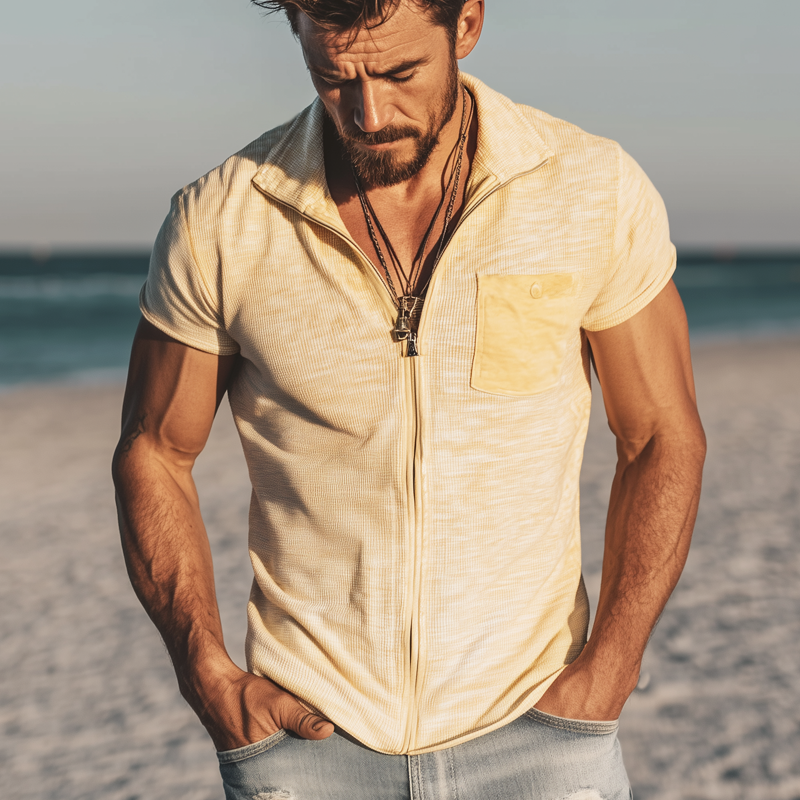 Men's Classic Zipper Stand Collar Knit Short Sleeve Shirt DTT25071817
