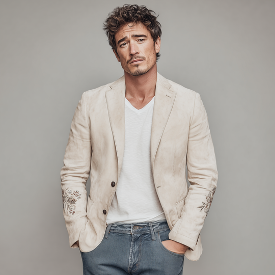 Men's Spring Fashion Casual Solid Color Thin Suede Cuff Embroidery Single Breasted Blazer DTT25072104