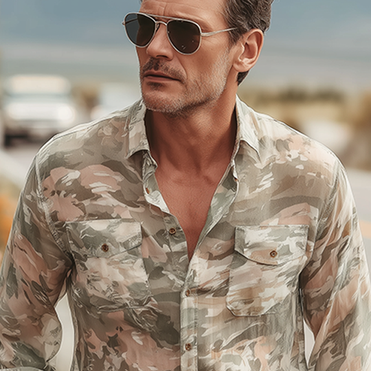 Men's Summer Fashion Casual Chiffon Slightly Transparent Sexy Camouflage Print Long-sleeved Shirt DTT25070902