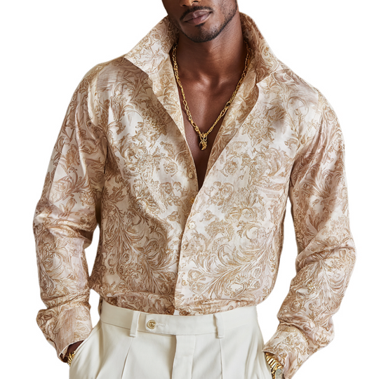 Men's Vintage Print Satin Lapel Long Sleeve Shirt DTT25081403