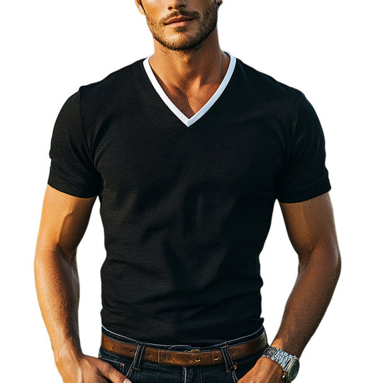 Men's Contrast Knitted V-Neck Short-Sleeved T-Shirt DTT25053008