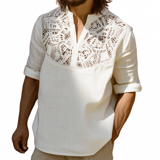 Men's Fashion Lace Patchwork Cotton Linen V-neck Hooded Loose Pullover Long Sleeve Shirt DTT25063006