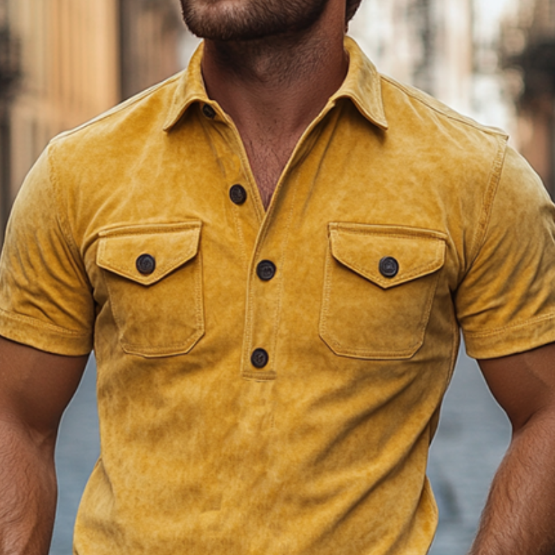 Men's Retro Casual Slim V-Neck Multi-Pocket Suede Short-Sleeved POLO Shirt 9903595192504