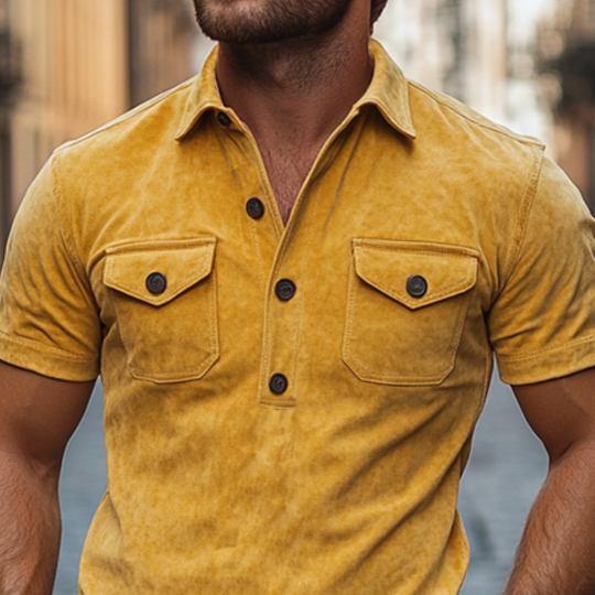 Men's Retro Casual Slim V-Neck Multi-Pocket Suede Short-Sleeved POLO Shirt 9903595192504
