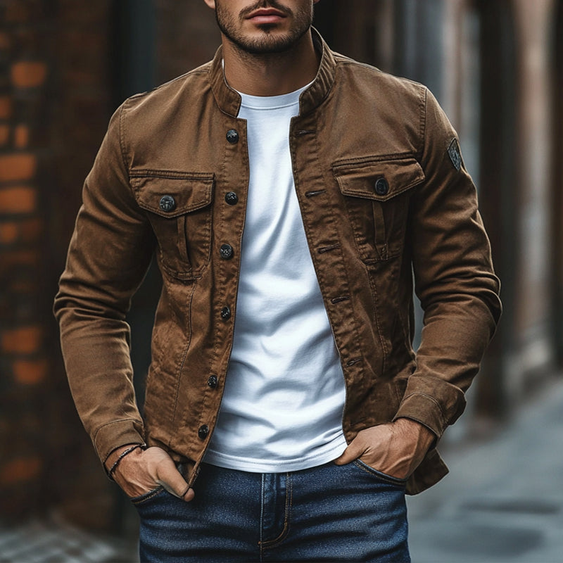 Men's Solid Color Stand Collar Single Breasted Jacket 9909011087544