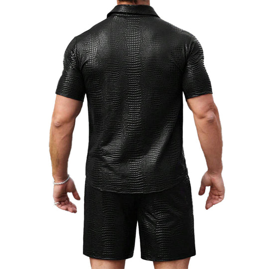 Men's Textured Leather Short-sleeved Shorts Two-piece Set 9918989729976