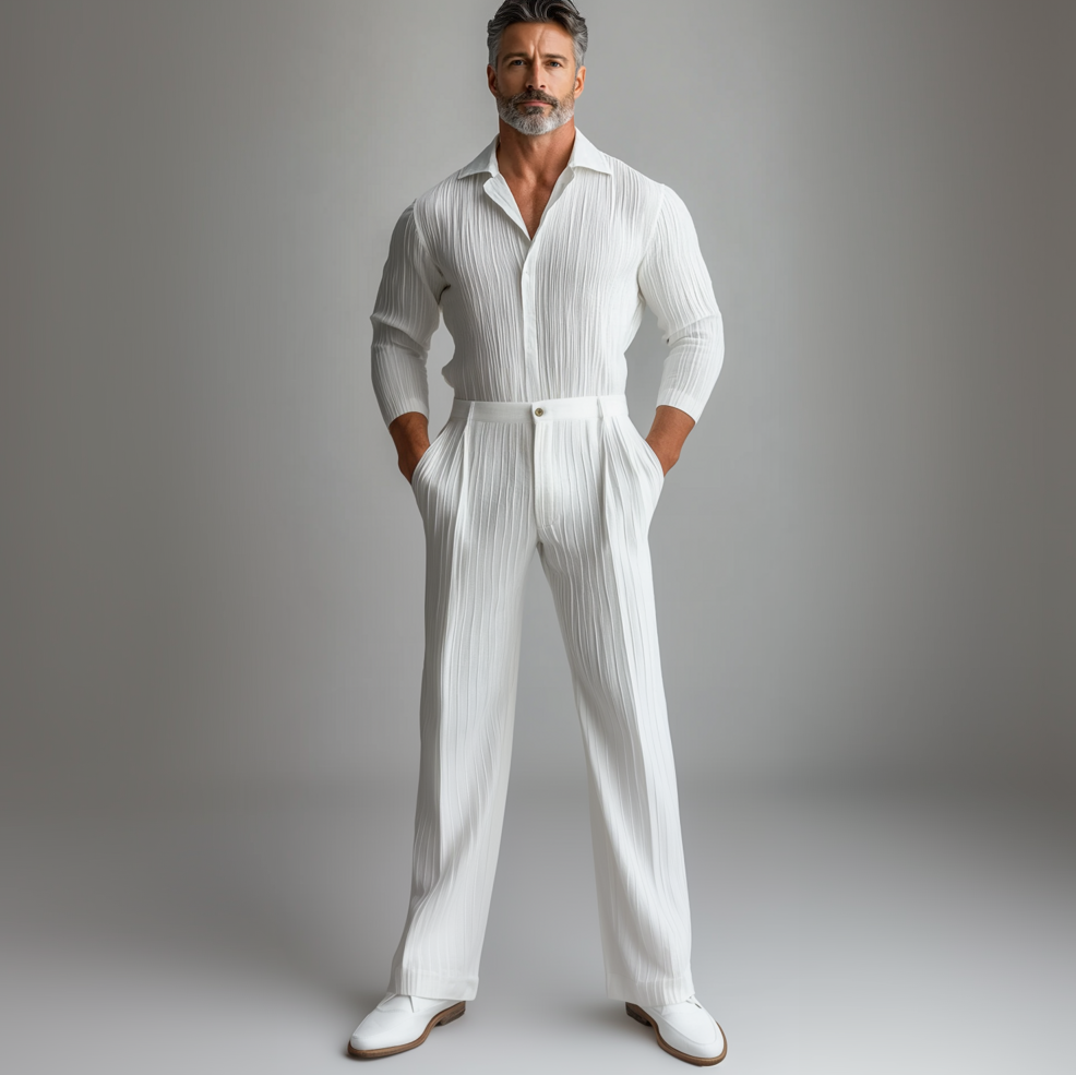 Men's Fold Long Sleeve Button Shirt & Pocket Pants 2Pcs Set 9913235046584