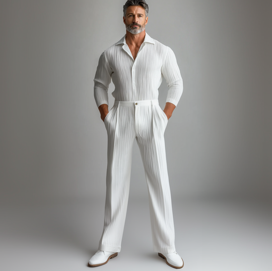 Men's Fold Long Sleeve Button Shirt & Pocket Pants 2Pcs Set 9913235046584