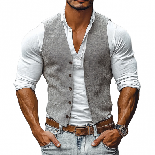 Men's Casual Breathable Linen V-Neck Single-Breasted Slim Fit Suit Vest DTT25060912
