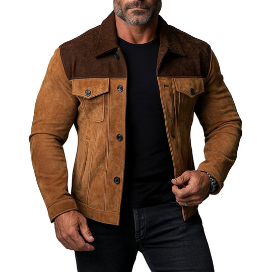 Men's Patchwork Suede Shirt Collar Button Long Sleeve Jacket 9899608867000