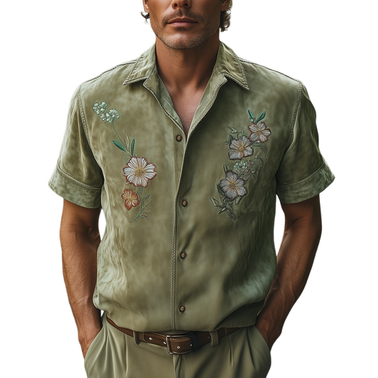 Men's Summer Suede Exquisite Floral Embroidery Short Sleeve Shirt DTT25061312
