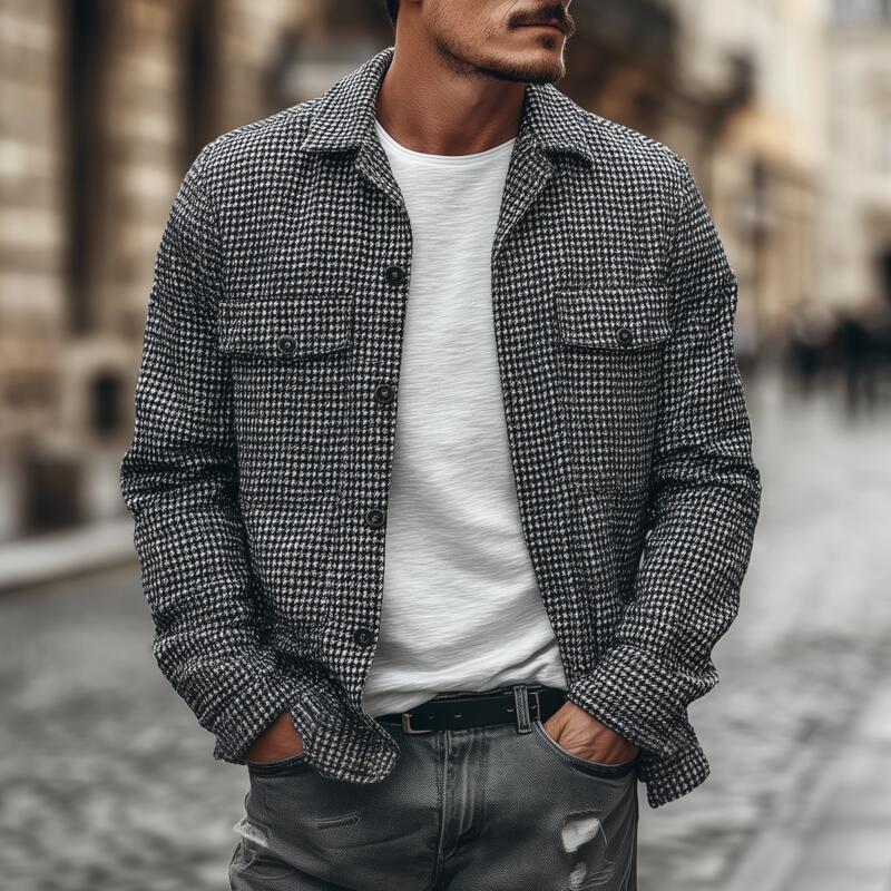 Men's Vintage Houndstooth Lapel Single-Breasted Flap Chest Pocket Loose Long Sleeve Shirt Jacket DTT25082720