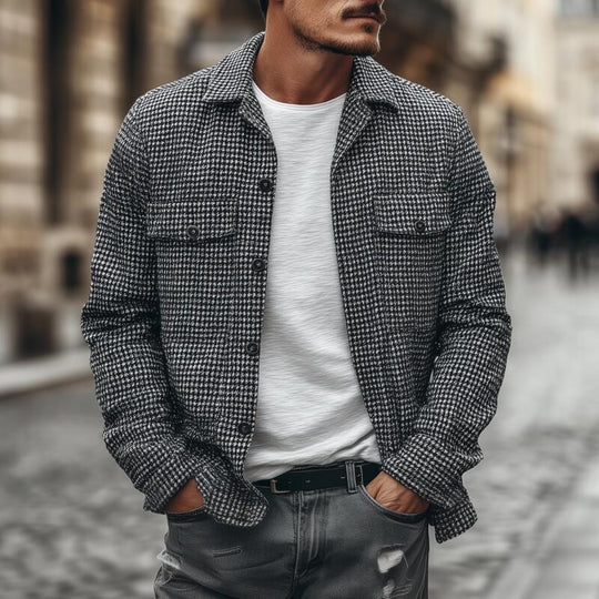 Men's Vintage Houndstooth Lapel Single-Breasted Flap Chest Pocket Loose Long Sleeve Shirt Jacket DTT25082720