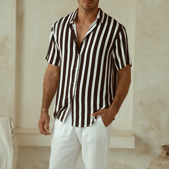 Men's Classic Casual Contrast Color Vertical Striped Cotton Blend Short Sleeve Shirt DTT25071703