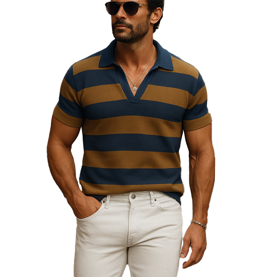 Men's Summer Cool Silk Knitted Striped Short-sleeved Polo Shirt DTT25070116