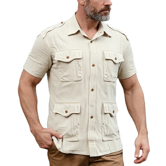 Men's Turndown Collar Short Sleeve Flap Pocket Safari Shirt Dtt235472568