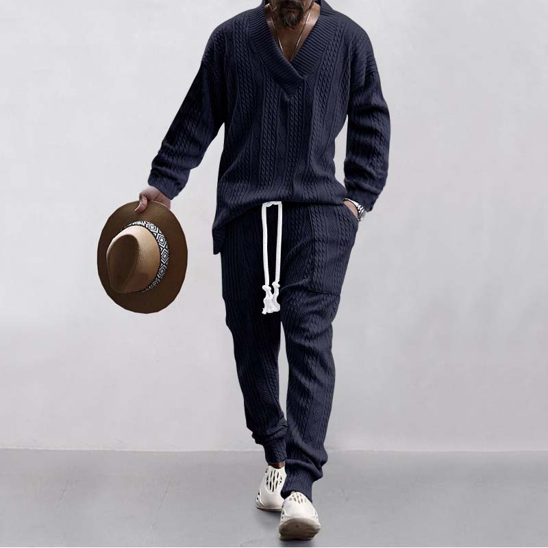Men's Casual V-neck Versatile Jacquard Pocket Knit Loose Sweater Knitpants Set 9262181515448