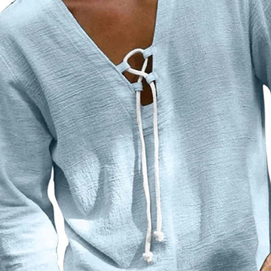 Men's Light Blue Ice Silk Wrinkled V-Neck Long Sleeve T-Shirt 9899720704184